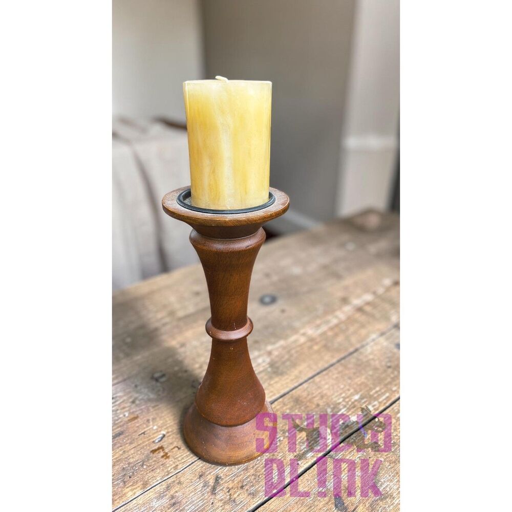 Turned Wood Pillar Candlestick Holder, Warm Brown Finish